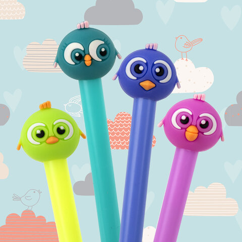 Ручка с топпером шариковая ЮНЛАНДИЯ "Птенец", корпус ассорти, СИНЯЯ,