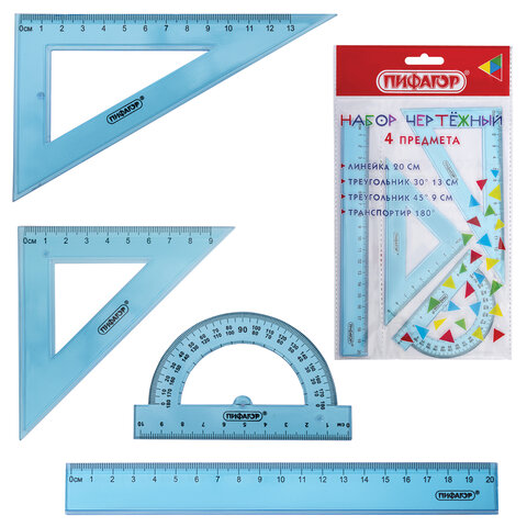 Набор чертежный ПИФАГОР (линейка 20 см, 2 треугольника, транспортир),
