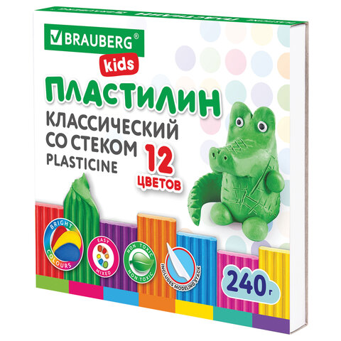 Пластилин классический BRAUBERG "KIDS", 12 цветов, 240 г, стек, ВЫСШЕЕ Пластилин классический BRAUBERG "KIDS", 12 цветов, 240 г, стек, ВЫСШЕЕ