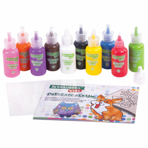 Краски витражные BRAUBERG, 10 ярких цветов, 10 туб по 20 мл, книга шаблонов, Краски витражные BRAUBERG, 10 ярких цветов, 10 туб по 20 мл, книга шаблонов,