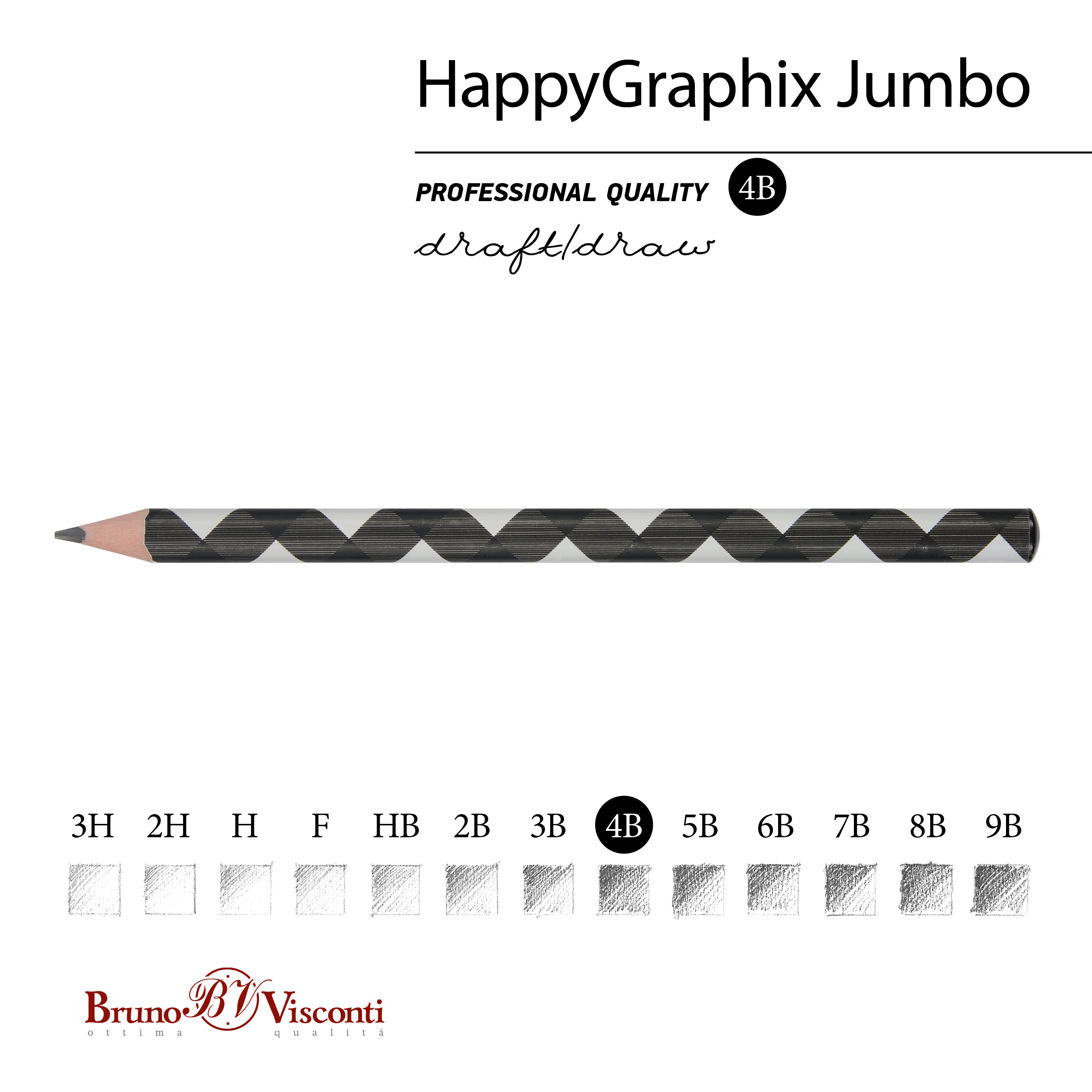 КАРАНДАШ ЧЕРНОГРАФИТОВЫЙ "HappyGraphix Jumbo. Монохром. Зигзаг" 4В, КАРАНДАШ ЧЕРНОГРАФИТОВЫЙ "HappyGraphix Jumbo. Монохром. Зигзаг" 4В,