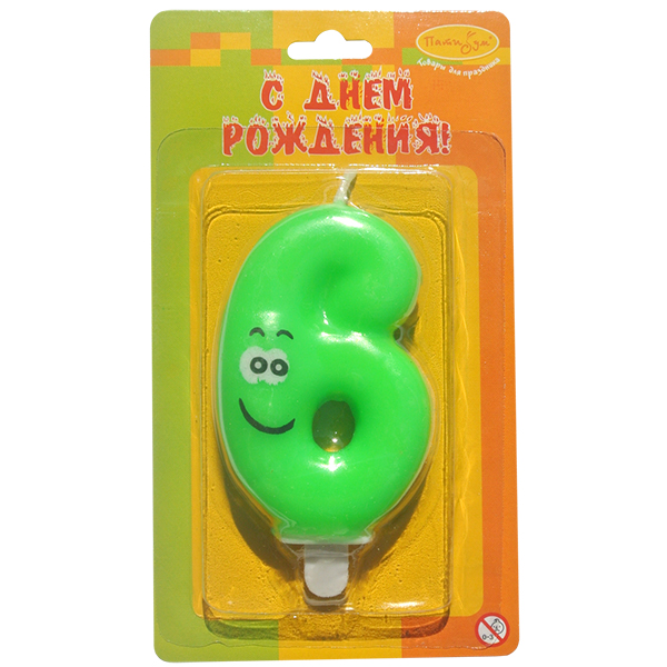 Свеча Цифра 6 Улыбка цветная 6,5см Свеча Цифра 6 Улыбка цветная 6,5см