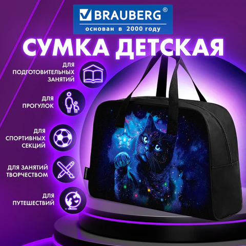 Сумка для занятий BRAUBERG с ручками, 35x25x15 см, "Звездный кот",