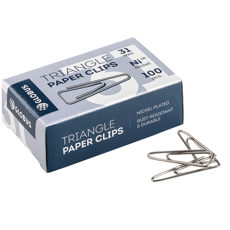 Скрепки 31мм, Globus, 100шт., никелированные треугольные, с отогнутым носиком, Скрепки 31мм, Globus, 100шт., никелированные треугольные, с отогнутым носиком,