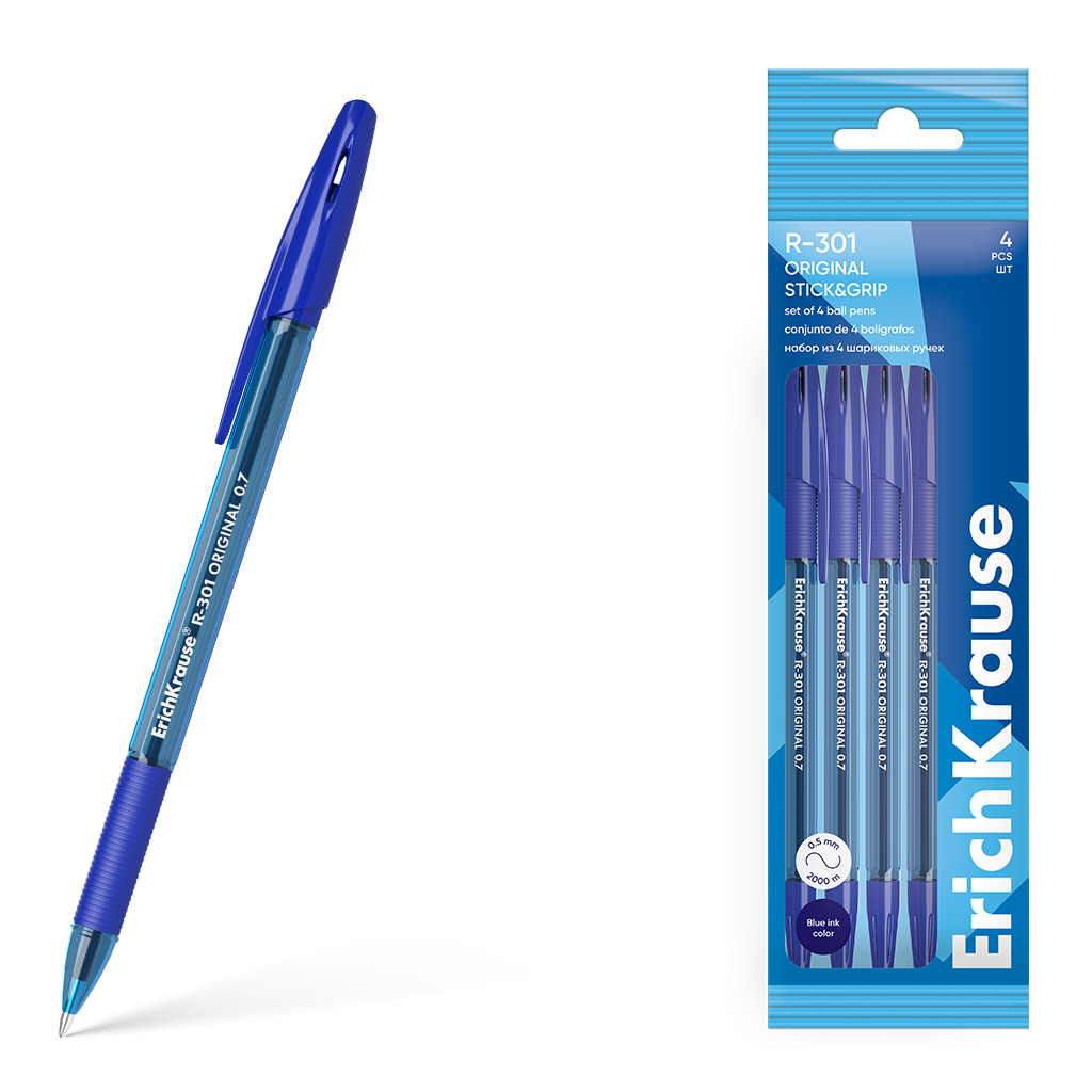 Набор из 4 ручек шариковых Erich Krause R-301 Stick&Grip Original 1.0, цвет Набор из 4 ручек шариковых Erich Krause R-301 Stick&Grip Original 1.0, цвет
