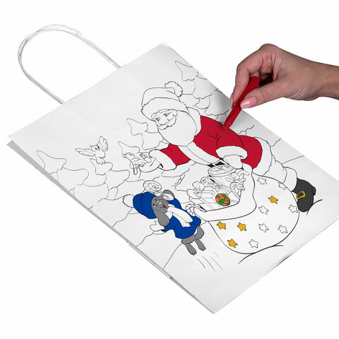 Пакет-раскраска подарочный (1 штука) новогодний 26x13x32 см, белый крафт,