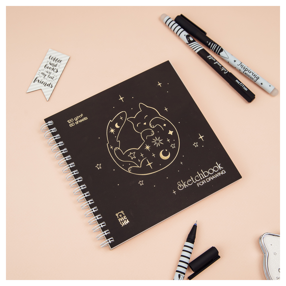 Скетчбук 60л., 150*150 MESHU "Black Cat", на гребне, отд. фольгой, Скетчбук 60л., 150*150 MESHU "Black Cat", на гребне, отд. фольгой,