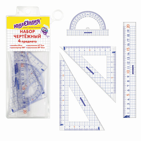 Набор чертежный ЮНЛАНДИЯ "ШКОЛЬНЫЙ" (линейка 20 см, 2 угольника, Набор чертежный ЮНЛАНДИЯ "ШКОЛЬНЫЙ" (линейка 20 см, 2 угольника,