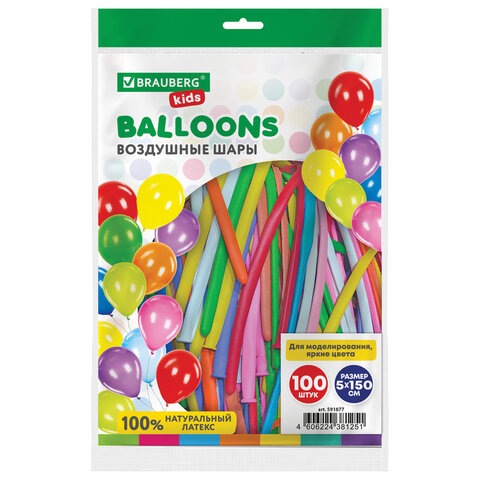 Шары воздушные для моделирования 5х150см, 100 штук, ассорти, BRAUBERG KIDS,