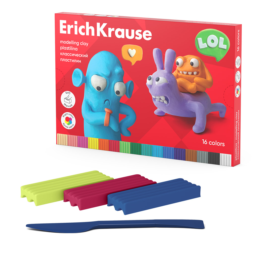 Пластилин классический Erich Krause Jolly Friends 16 цветов со стеком, 288 г. (в Пластилин классический Erich Krause Jolly Friends 16 цветов со стеком, 288 г. (в