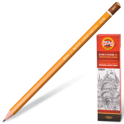 Карандаш чернографитный KOH-I-NOOR 1500, 1 шт., 6H, корпус желтый, заточенный, Карандаш чернографитный KOH-I-NOOR 1500, 1 шт., 6H, корпус желтый, заточенный,