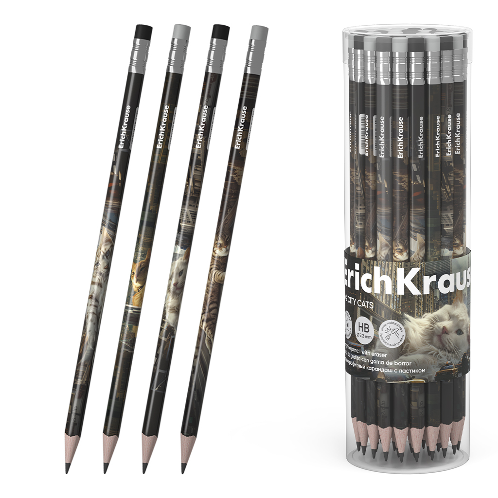 Чернографитный карандаш ErichKrause Big City Cats, трехгранный, с ластиком, НВ Чернографитный карандаш ErichKrause Big City Cats, трехгранный, с ластиком, НВ