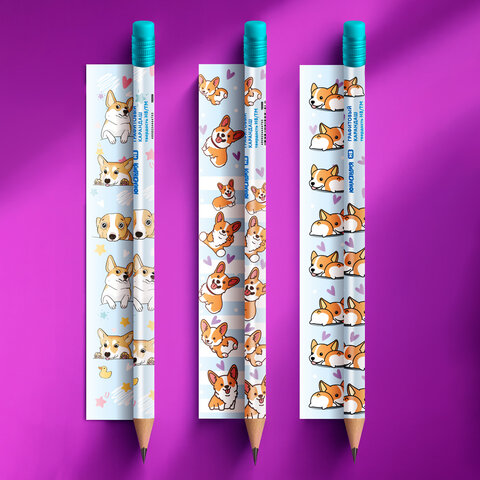 Карандаш чернографитный с принтом ЮНЛАНДИЯ КОРГИ, 1 шт., HB, с ластиком, корпус