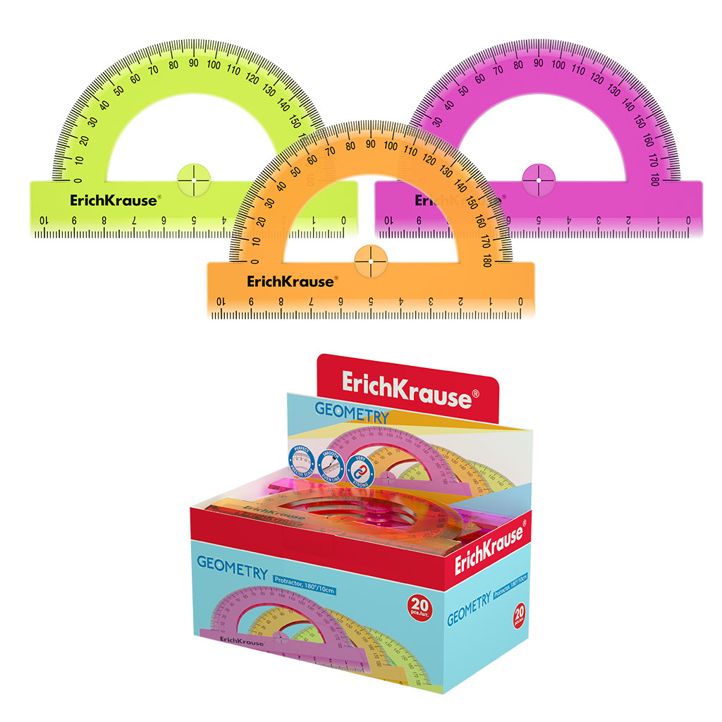 Транспортир пластиковый ErichKrause® Neon, 180°/10см, ассорти из 3 цветов, в Транспортир пластиковый ErichKrause® Neon, 180°/10см, ассорти из 3 цветов, в