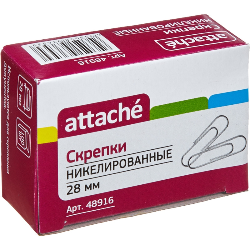 Скрепки 28 мм 100 шт./уп. ATTACHE: никель,кругл,к/кор штр. 4607023144450, Скрепки 28 мм 100 шт./уп. ATTACHE: никель,кругл,к/кор штр. 4607023144450,