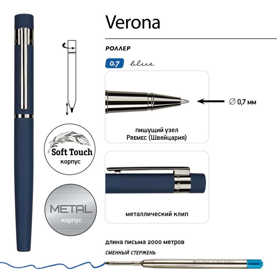 РУЧКА "VERONA" РОЛЛЕР, СИНИЙ МЕТАЛЛИЧЕСКИЙ КОРПУС, 0.7 ММ, СИНЯЯ