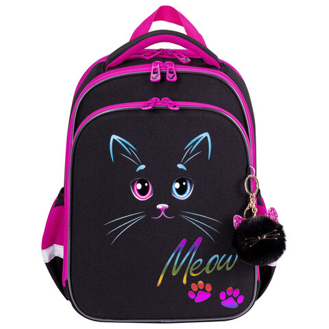 Ранец BRAUBERG QUADRO, 3 отделения, с брелоком, "Black cat", 37х28х18