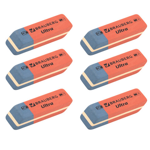 Ластики BRAUBERG "Ultra" 6 шт., размер ластика 41х14х8 мм,