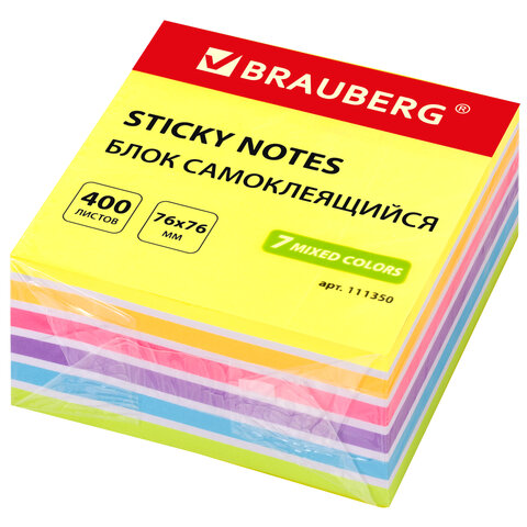 Блок самоклеящийся (стикеры) BRAUBERG НЕОНОВЫЙ 76х76 мм, 400 листов, 7 цветов, Блок самоклеящийся (стикеры) BRAUBERG НЕОНОВЫЙ 76х76 мм, 400 листов, 7 цветов,