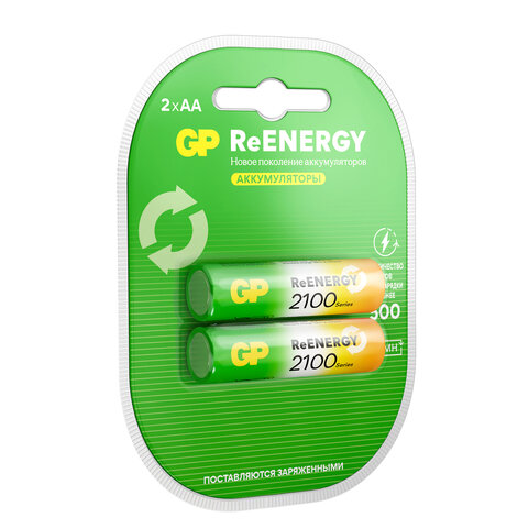 Батарейки аккумуляторные GP ReEnergy Ni-Mh пальчиковые КОМПЛЕКТ 2 шт., AA (HR6),