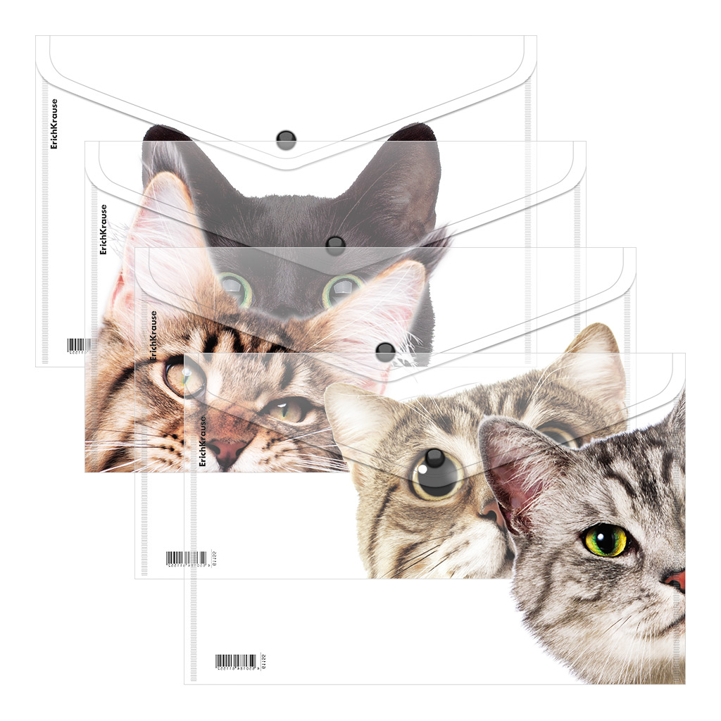 Папка-конверт на кнопке пластиковая Erich Krause Hiding Cats, A4, ассорти (в Папка-конверт на кнопке пластиковая Erich Krause Hiding Cats, A4, ассорти (в