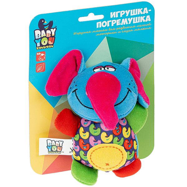 Мягкая игрушка-погремушка "СЛОН" 14см, с пищалкой Baby You Bondibon Мягкая игрушка-погремушка "СЛОН" 14см, с пищалкой Baby You Bondibon