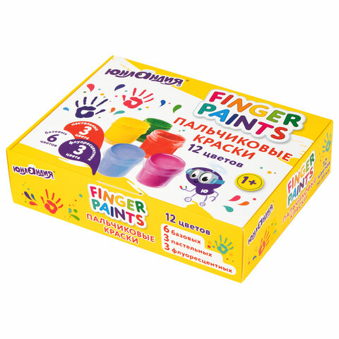Краски пальчиковые для малышей от 1 года, 12 цветов (6 базовых + 3 пастельных +