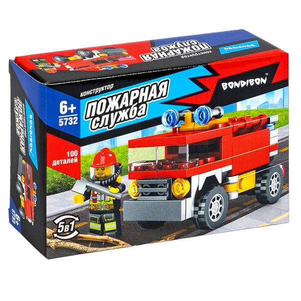 Конструктор Bondibon, Пожарная Служба, Пожарная машина, 100 деталей Конструктор Bondibon, Пожарная Служба, Пожарная машина, 100 деталей