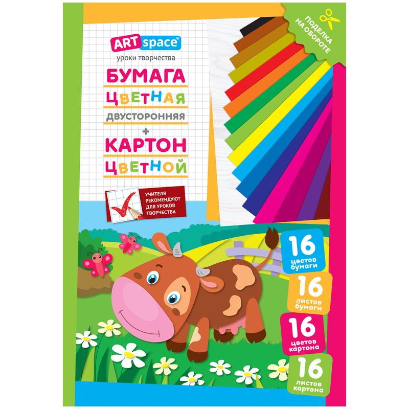 Набор цв. немел.картона 16л. и двусторон.газет.цв.бумаги 16л, A4, ArtSpace, в Набор цв. немел.картона 16л. и двусторон.газет.цв.бумаги 16л, A4, ArtSpace, в