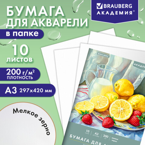 Папка для акварели БОЛЬШАЯ А3, 10 л., 200 г/м2, 297х420 мм, BRAUBERG АКАДЕМИЯ, Папка для акварели БОЛЬШАЯ А3, 10 л., 200 г/м2, 297х420 мм, BRAUBERG АКАДЕМИЯ,