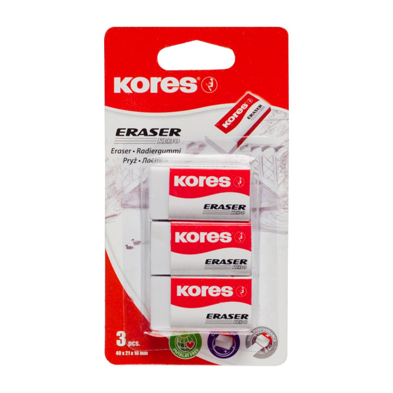 Ластик Kores прямоугольный КЕ-30 1/3 шт., блистер, в ассортименте Ластик Kores прямоугольный КЕ-30 1/3 шт., блистер, в ассортименте