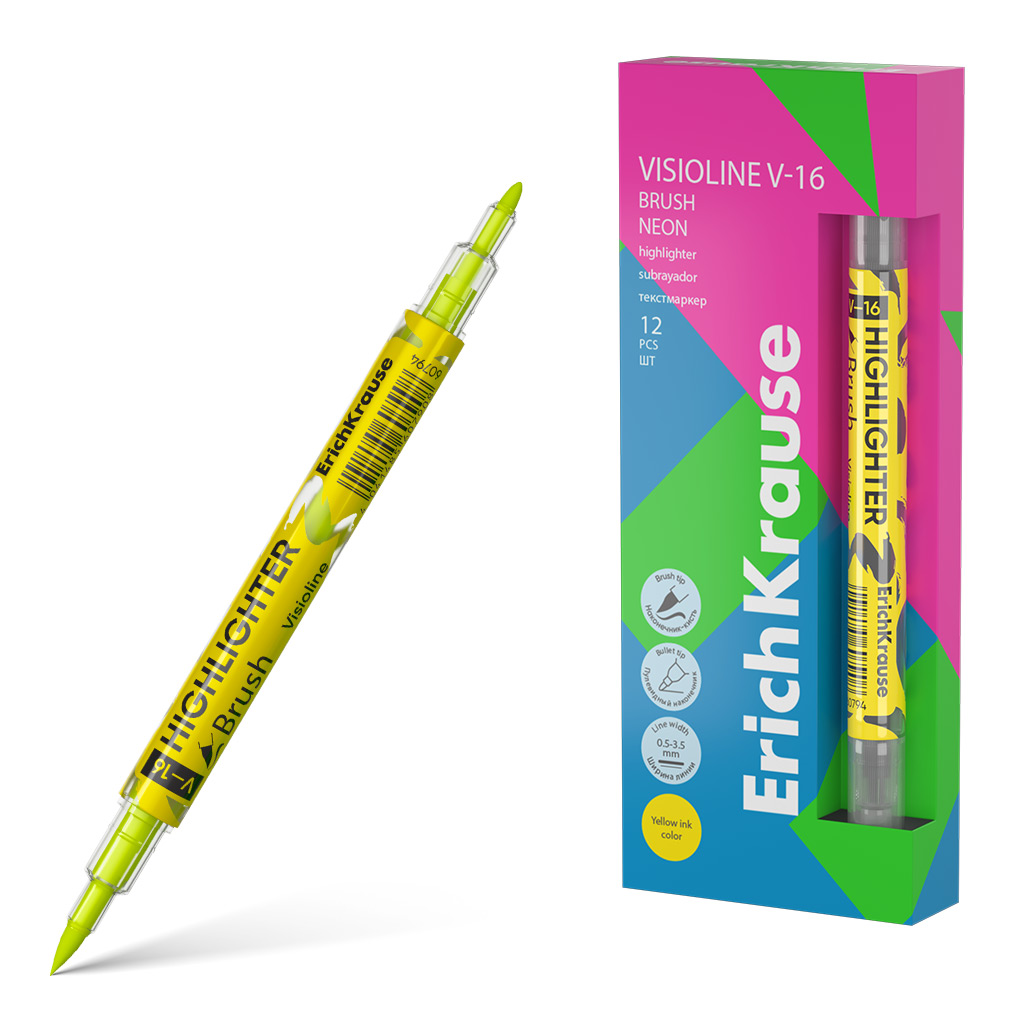 Двухсторонний текстмаркер Erich Krause Visioline V-16 Brush Neon, цвет чернил Двухсторонний текстмаркер Erich Krause Visioline V-16 Brush Neon, цвет чернил