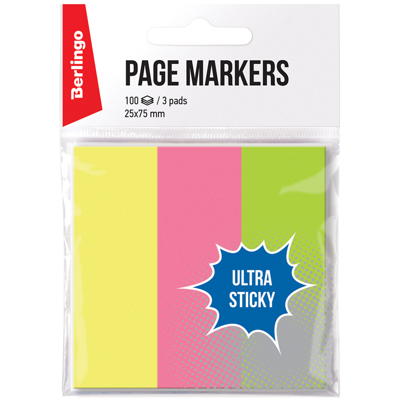 Флажки-закладки Berlingo "Ultra Sticky", 25*75мм, 100л*3 неоновых Флажки-закладки Berlingo "Ultra Sticky", 25*75мм, 100л*3 неоновых
