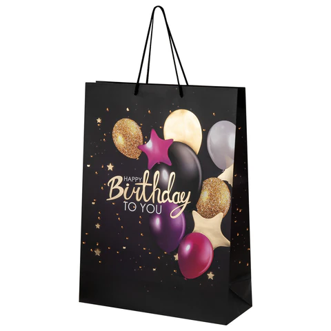 Пакет подарочный (1 штука) 33x13x45 см (XL), "Happy Birthday", черный, Пакет подарочный (1 штука) 33x13x45 см (XL), "Happy Birthday", черный,