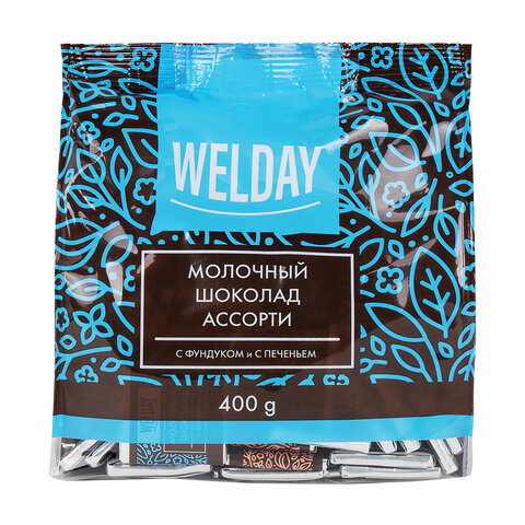 Шоколад порционный с фундуком и печеньем WELDAY, молочный 27%, 400 г (80 плиток Шоколад порционный с фундуком и печеньем WELDAY, молочный 27%, 400 г (80 плиток