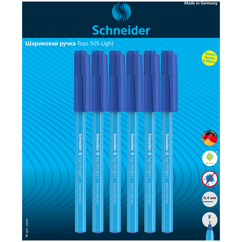 Набор шариковых ручек Schneider Tops 505 F Light 6шт., синие, 0,8мм, блистер Набор шариковых ручек Schneider Tops 505 F Light 6шт., синие, 0,8мм, блистер