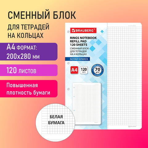 Сменный блок к тетради на кольцах БОЛЬШОЙ ФОРМАТ А4 120 л., BRAUBERG, ПОВЫШЕННОЙ Сменный блок к тетради на кольцах БОЛЬШОЙ ФОРМАТ А4 120 л., BRAUBERG, ПОВЫШЕННОЙ