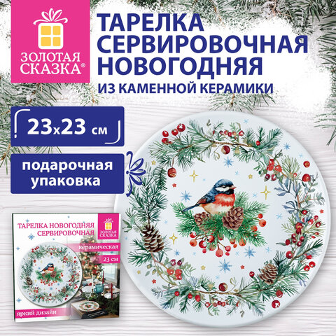 Тарелка сервировочная новогодняя 23 см, "Снегирь", каменная керамика, Тарелка сервировочная новогодняя 23 см, "Снегирь", каменная керамика,