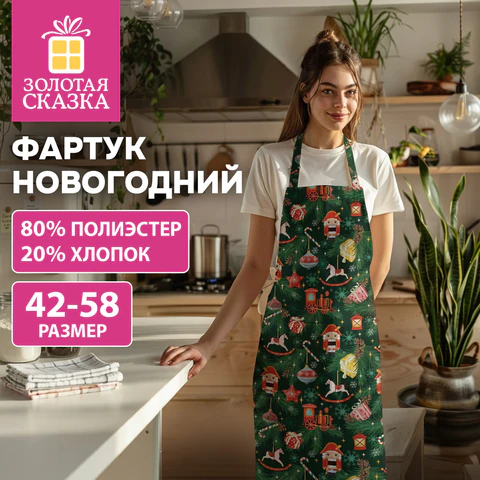 Фартук новогодний (1 шт.), 70х80 см, с изображением ЕЛОЧНЫХ ИГРУШЕК, полиэстер, Фартук новогодний (1 шт.), 70х80 см, с изображением ЕЛОЧНЫХ ИГРУШЕК, полиэстер,