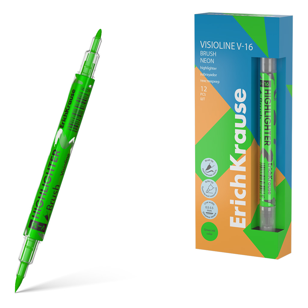Двухсторонний текстмаркер Erich Krause Visioline V-16 Brush Neon, цвет чернил Двухсторонний текстмаркер Erich Krause Visioline V-16 Brush Neon, цвет чернил