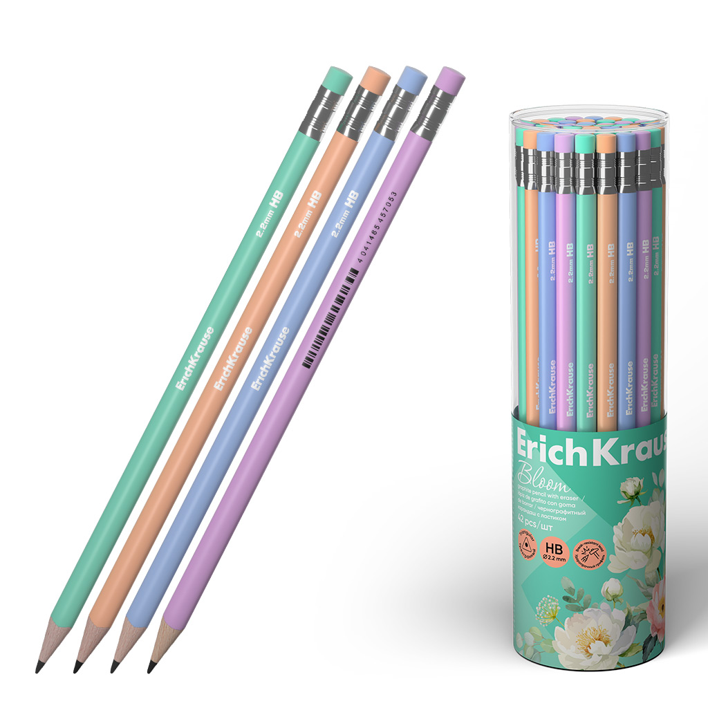 Чернографитный карандаш Erich Krause Pastel Bloom, трехгранный , с ластиком, HB Чернографитный карандаш Erich Krause Pastel Bloom, трехгранный , с ластиком, HB