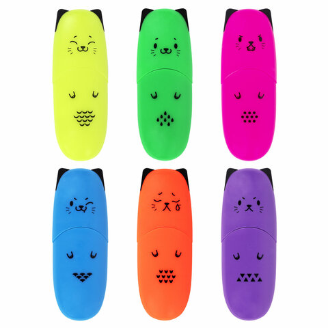 Набор текстовыделителей мини 6 ЦВЕТОВ BRAUBERG KIDS "CUTE CATS NEON", Набор текстовыделителей мини 6 ЦВЕТОВ BRAUBERG KIDS "CUTE CATS NEON",