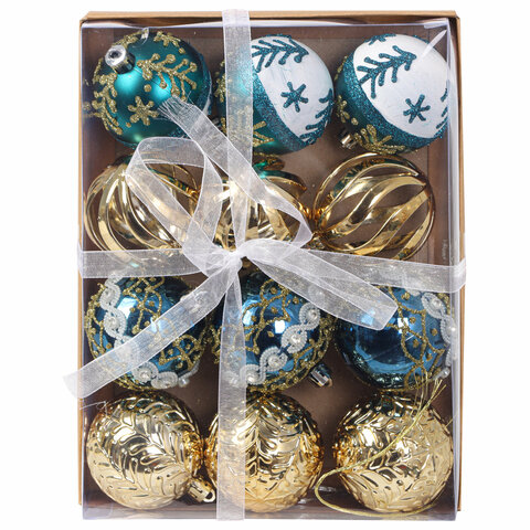 Шары ёлочные 12 шт., 6 см, "Frost Forest", пластик, бирюзовый/золото, Шары ёлочные 12 шт., 6 см, "Frost Forest", пластик, бирюзовый/золото,