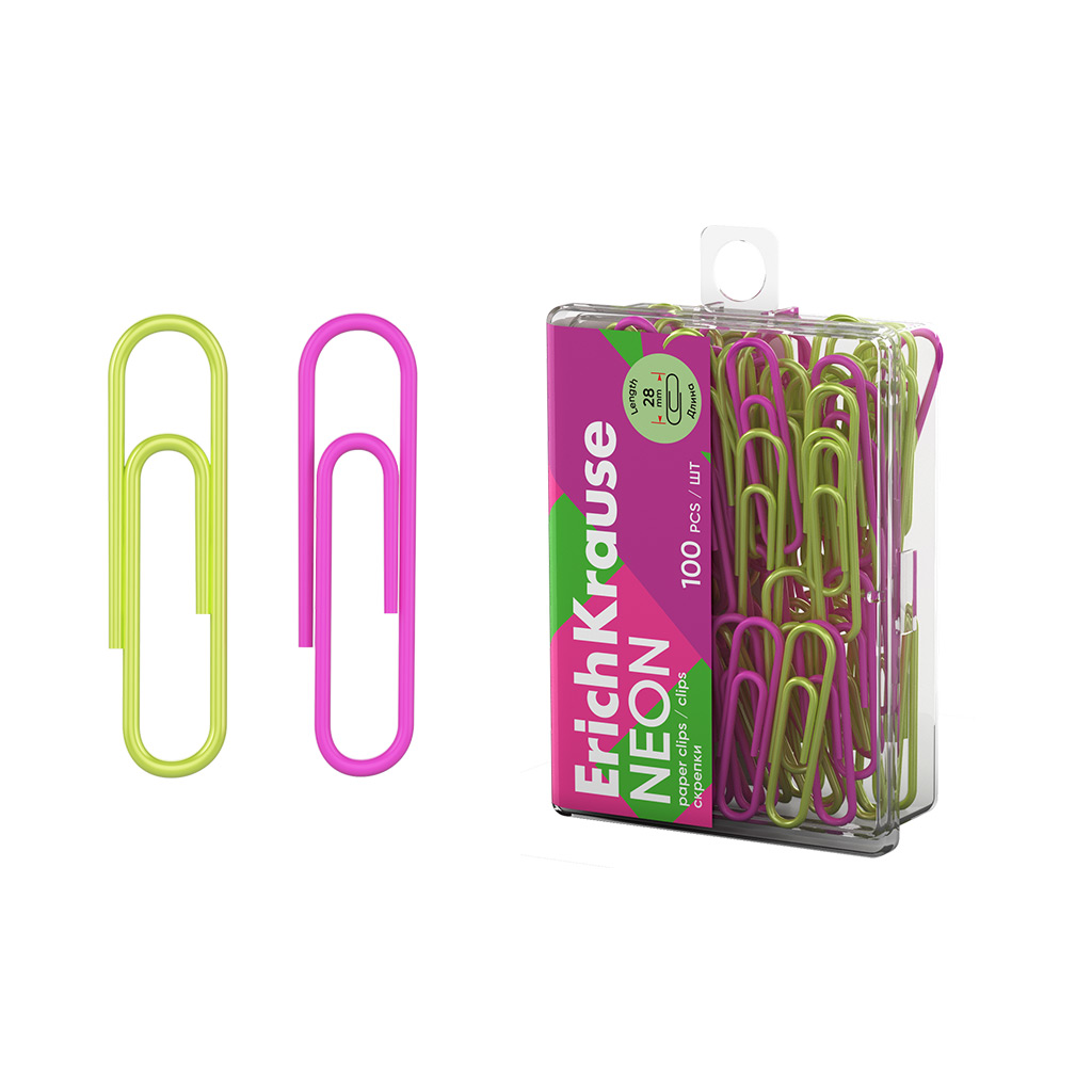 Скрепки металлические с виниловым покрытием Erich Krause Neon, 28мм, ассорти ( в Скрепки металлические с виниловым покрытием Erich Krause Neon, 28мм, ассорти ( в