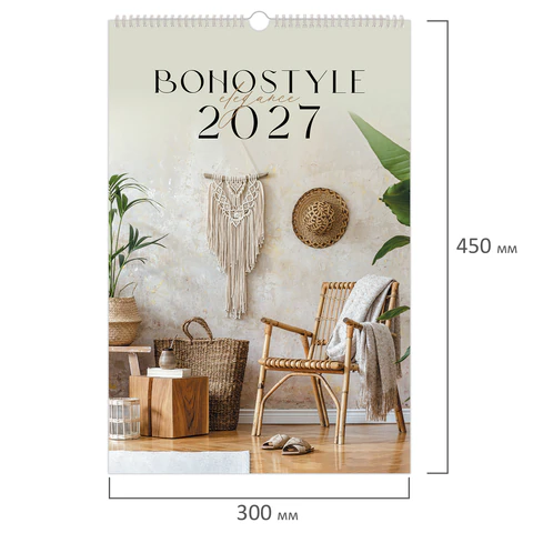 Календарь на гребне с ригелем 2027 г., 30х45 см, BRAUBERG, "Бохо", Календарь на гребне с ригелем 2027 г., 30х45 см, BRAUBERG, "Бохо",