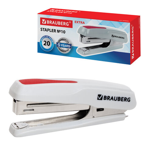 Степлер №10 BRAUBERG "Extra", до 20 листов, антистеплер, серо-красный,