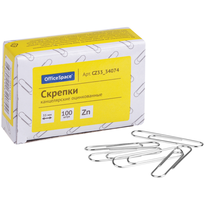 Скрепки 33мм, OfficeSpace, 100шт., оцинкованные, карт. упак. Скрепки 33мм, OfficeSpace, 100шт., оцинкованные, карт. упак.