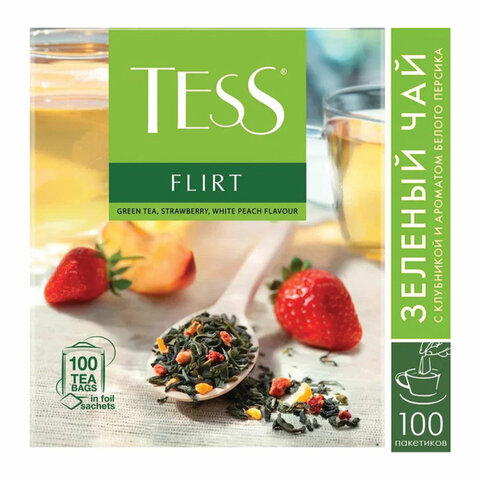 Чай TESS (Тесс) "Flirt", зеленый с клубникой и персиком, 100 пакетиков Чай TESS (Тесс) "Flirt", зеленый с клубникой и персиком, 100 пакетиков