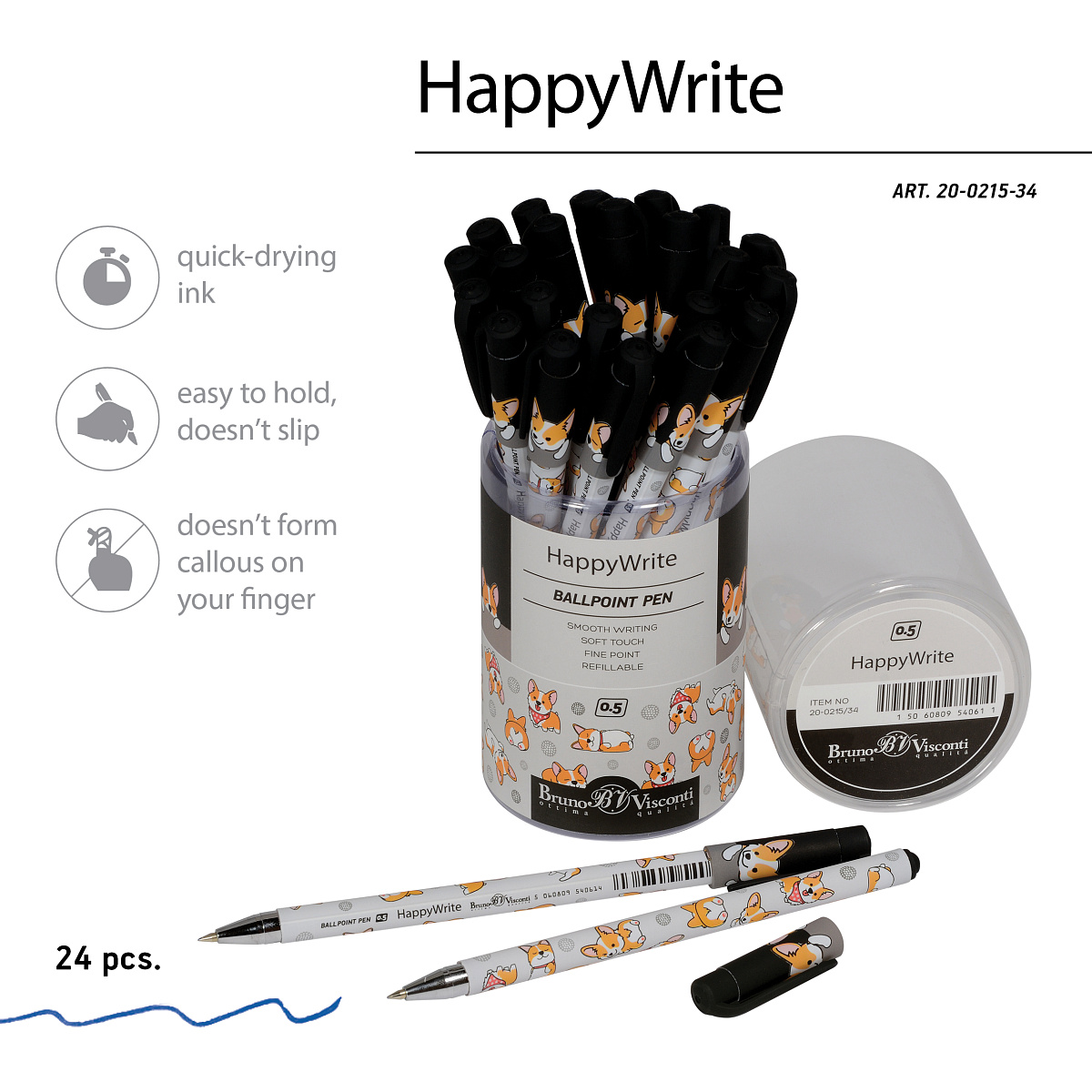 РУЧКА "HappyWrite. Друзья. Корги" ШАРИКОВАЯ 0.5 ММ, СИНЯЯ РУЧКА "HappyWrite. Друзья. Корги" ШАРИКОВАЯ 0.5 ММ, СИНЯЯ