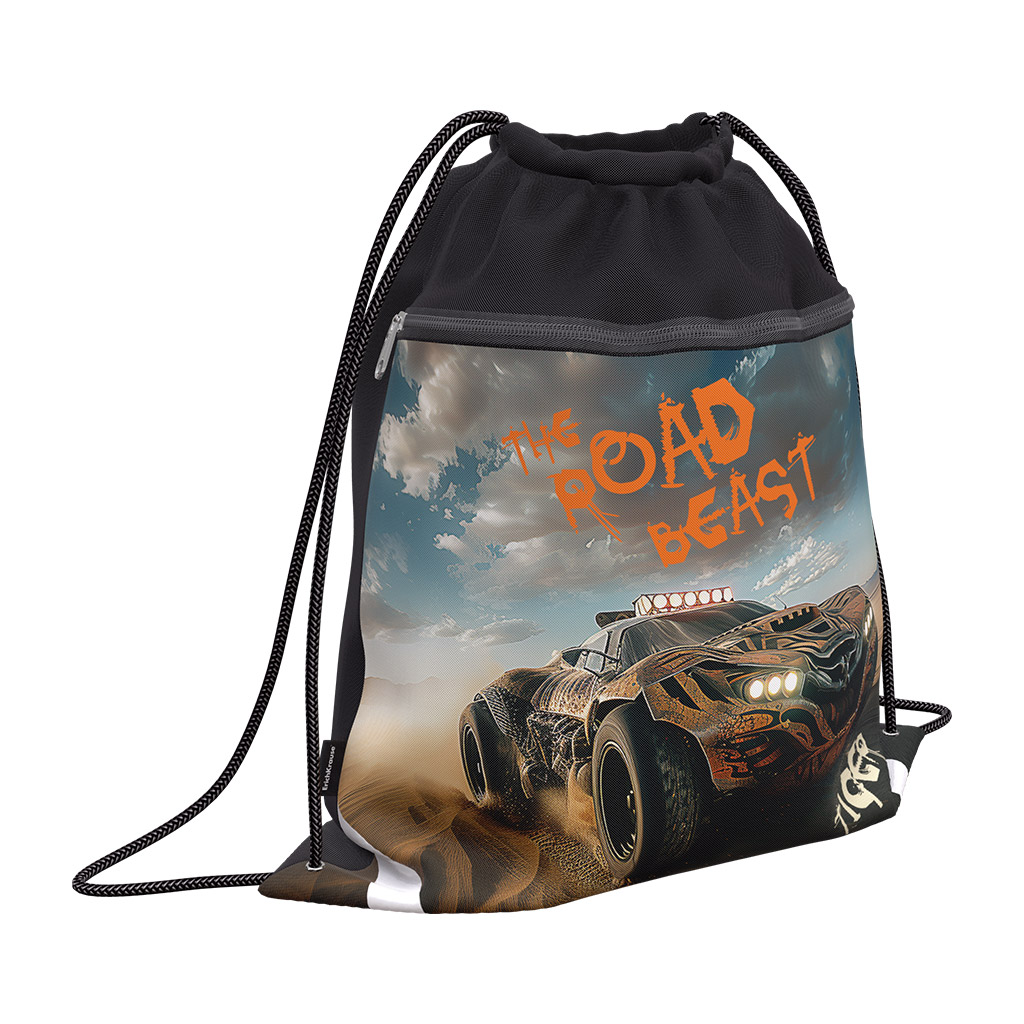 Мешок для обуви ErichKrause с карманом на молнии 500x410мм Road Beast Мешок для обуви ErichKrause с карманом на молнии 500x410мм Road Beast